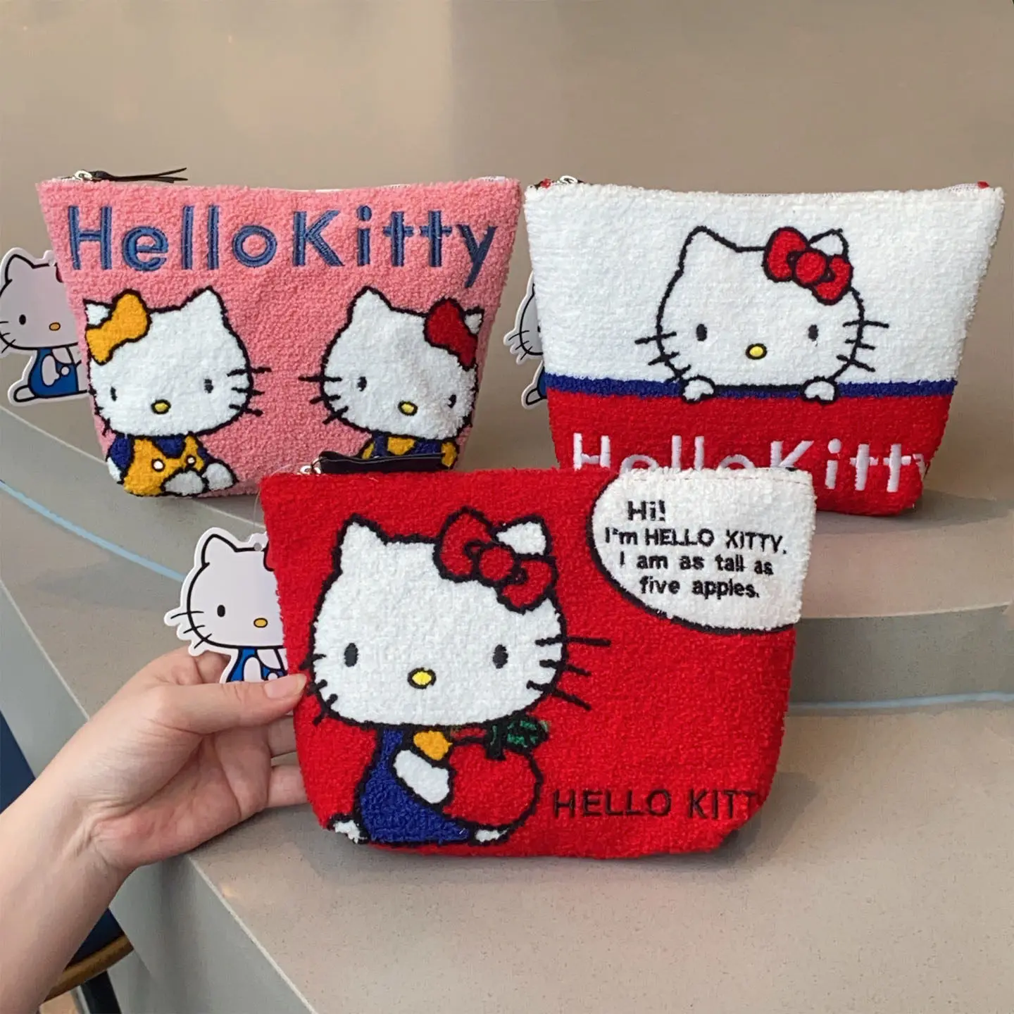 

Косметичка Hello Kitty с мультяшной вышивкой, плюшевая, из холщовой ткани, большая вместительная сумка для хранения косметики, туалетных принадлежностей и мелочей для девочек