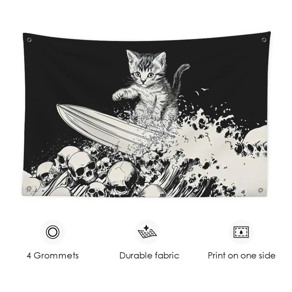 

Skull Surfing Cat Heavy Metal Kitten Flags 3x5 Ft custom Banner for Garage Door room decor Wall Out Decoration With Metal buckle