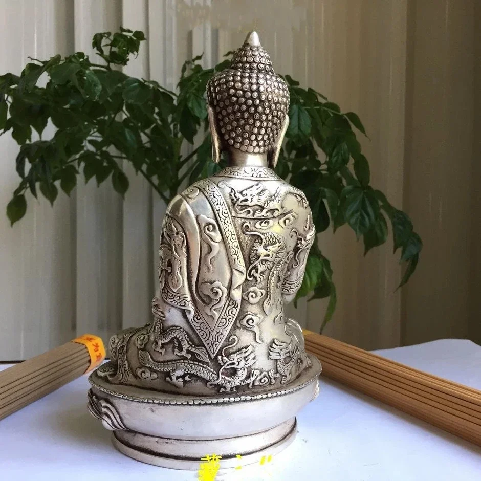 Budismo plata China bien dragón Po Sang buda asiento de loto escultura estatua medicinal