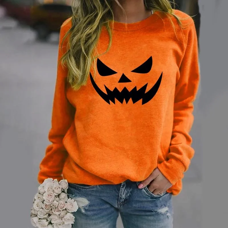 New Fashion Funny Pumpkin Face Pattern Printed Sweater Women\'s Casual Personalized Scary Pumpkin Face Long Sleeve Pullover Top