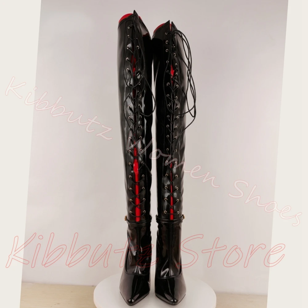 Over The Knee Boots Side Lace Up Buckle Patent Leather Women Pointed Thin Stiletto Heel Stretch Shaft Stage Performance Party