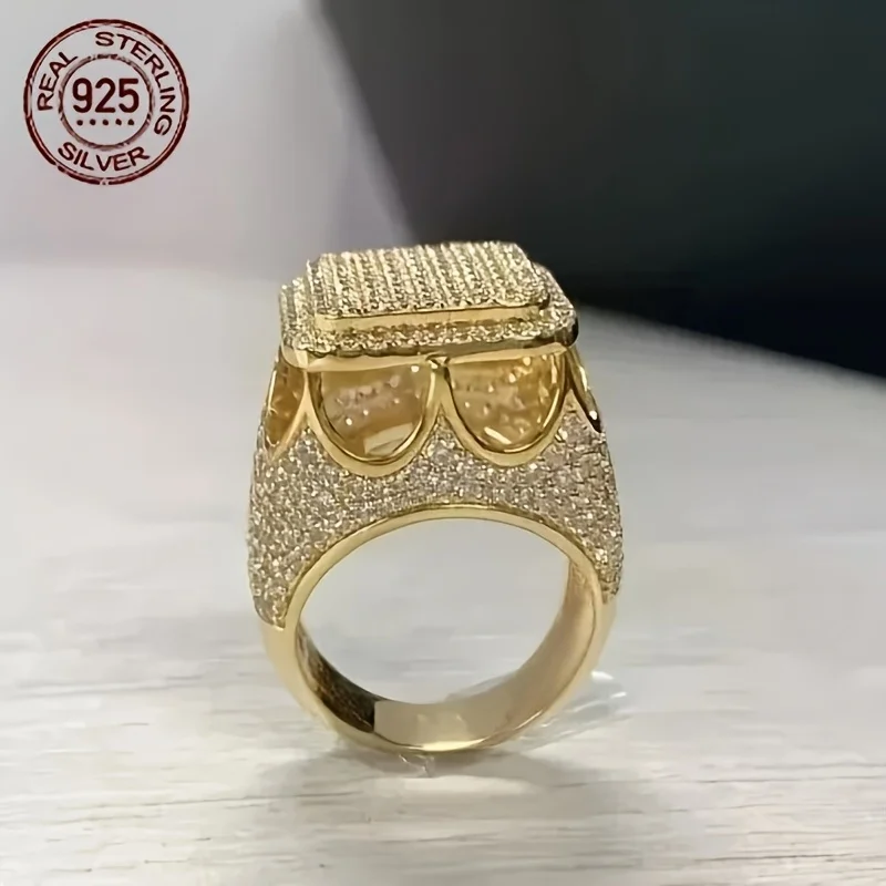 

Мужское обручальное кольцо из стерлингового серебра 925 пробы круглой огранки, позолоченное 18 карат, винтажные кольца с короной, ювелирные изделия Iced Out Hip Hip Punk