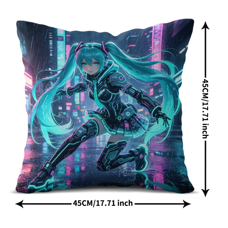 Hatsune Miku Cyberpunk Style Throw Pillow Anime Futuristic Cushion for Gaming Room Teens Room Sofa Bedroom Decor Gift for Fans