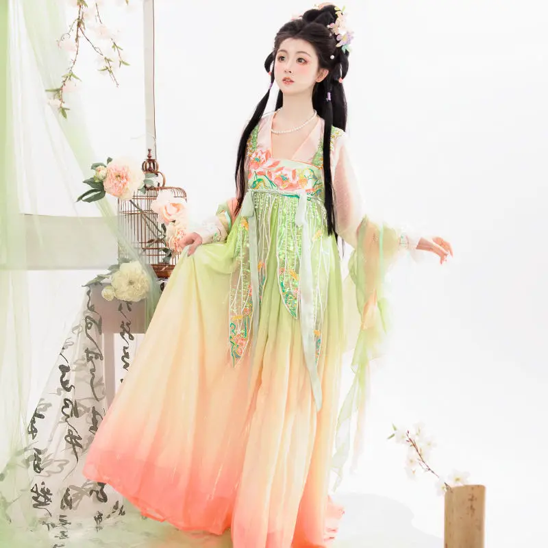 Spring Tang Dynasty Fairy Cosplay Hanfu Dress Suit Women's Clothing Sweet Floral Embroidery Pearl Tassel Dresses Plus Size 2xl