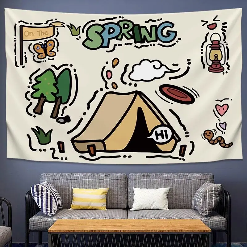Hand-drawn Camping & Picnic Hanging Cloth, Large-Size Tapestry for Bars, Coffee Shops & Homestays, Cartoon Decorative Backdrop