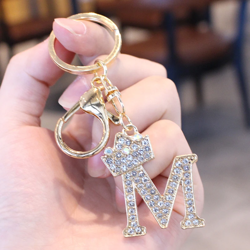 26 Initial Letter Rhinestone Keychain For Women Charm Crystal Crown Gold Plated Key Ring Bag Car Key Chains DIY Accessoreis