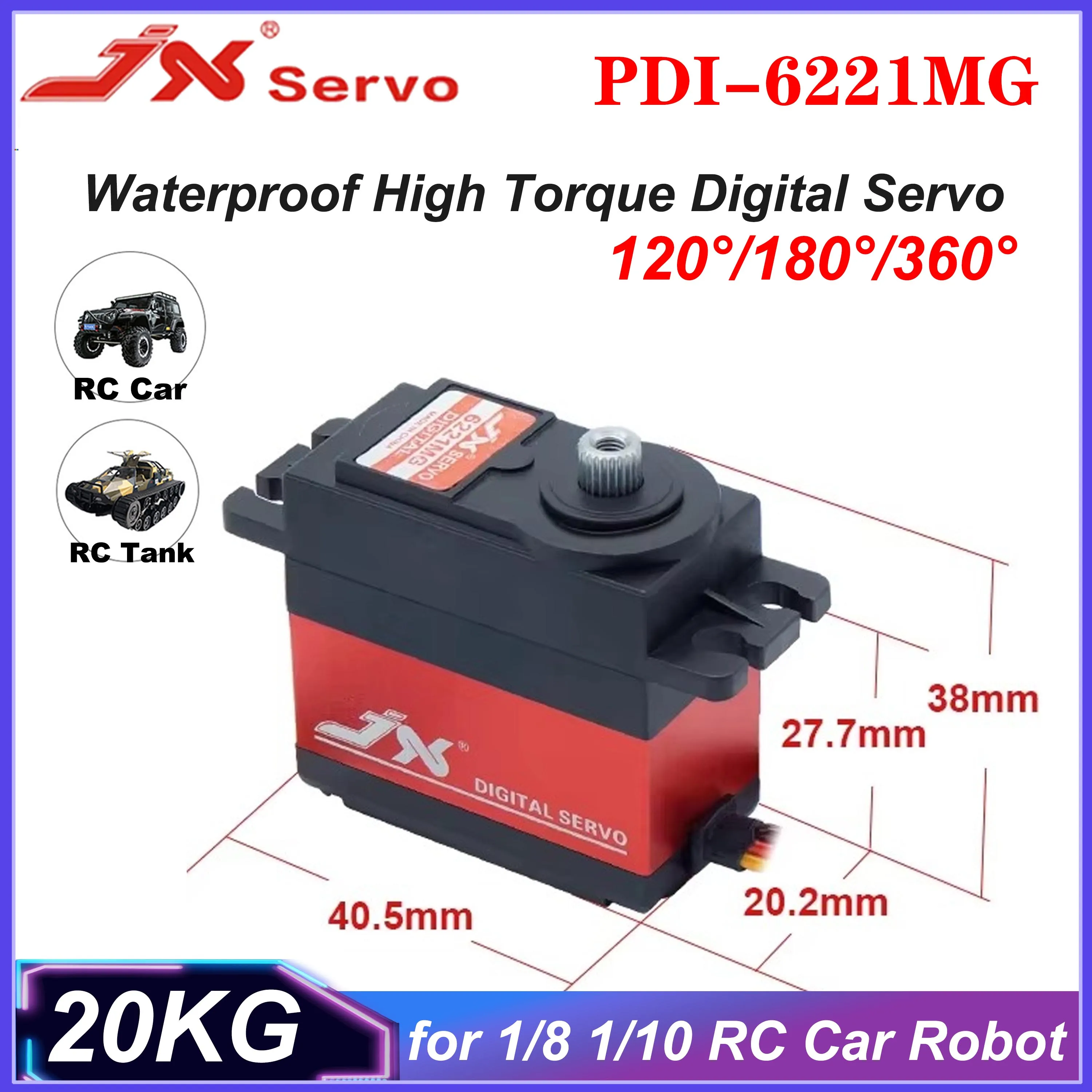 JX PDI-6221MG Servo digital impermeable de 20 kg 120 ° /180 ° /360 °   Engranaje de Metal de alto par para pieza de helicóptero Robot de barco de coche RC 1/8 1/10