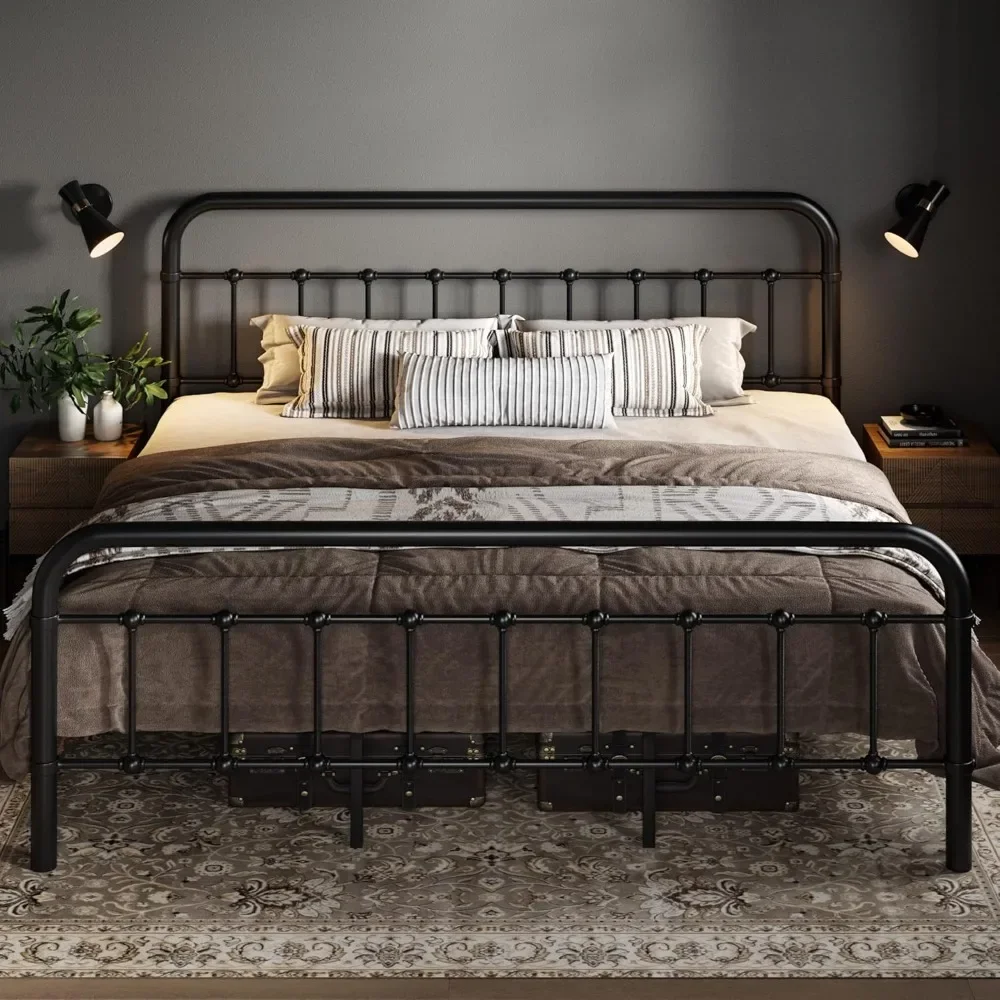 King Size Metal Platform Bed Frame With Victorian Style Wrought Iron-Art Headboard/Footboard Black Bedroom Furniture Frames Home