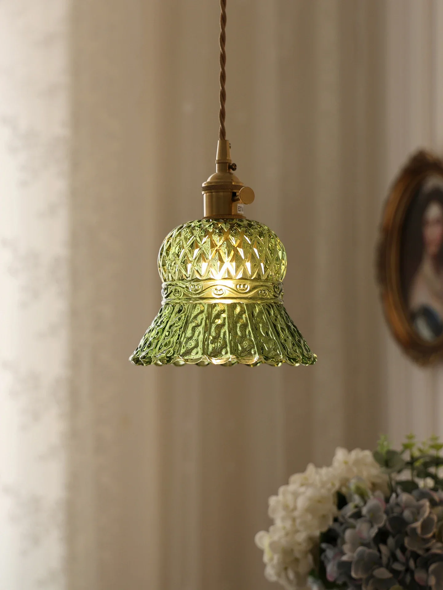Vintage Green Glass Pendant Light Fixture Antique Brass Accent Hanging Lamp with Multi-Shape Fluted Shade for Kitchen Island