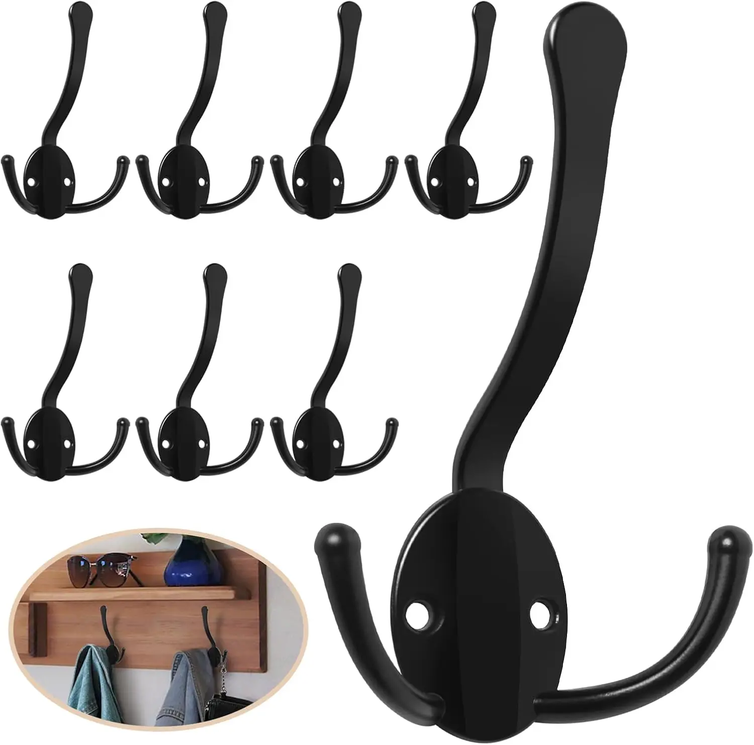 8 Pack Coat Hooks Heavy Duty, Metal Three Prongs Large Coat Hooks Wall Mounted with 16 Screws, No Rust Black Rustic Wall Hooks for Hanging Towel, Coat, Scarf, Bag, Hat, Cup, Key