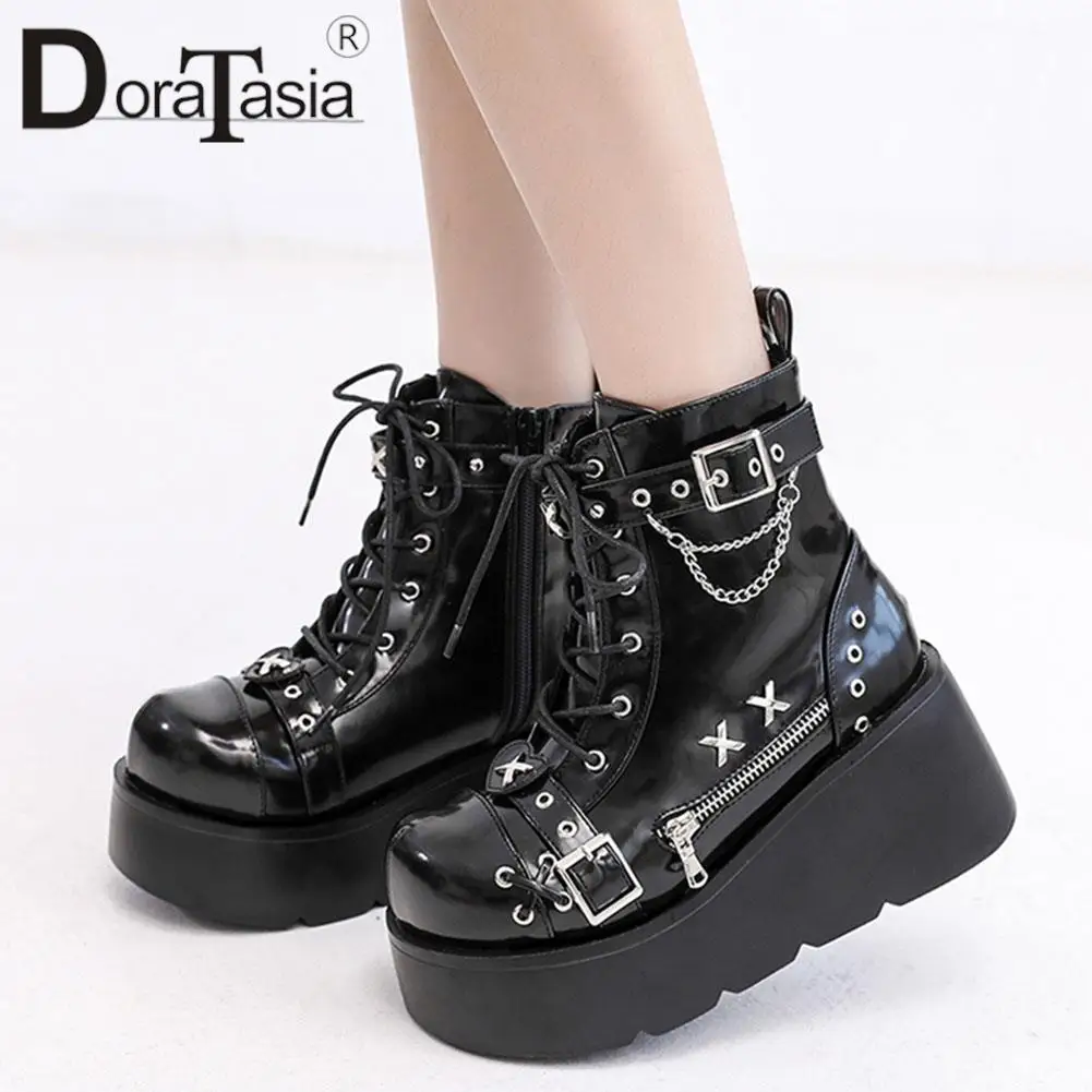 Brand New Ladies Goth Platform Ankle Boots Fashion Buckle Zip Rivet Punk Wedges High Heels Womens Boots Party Street Woman Shoes