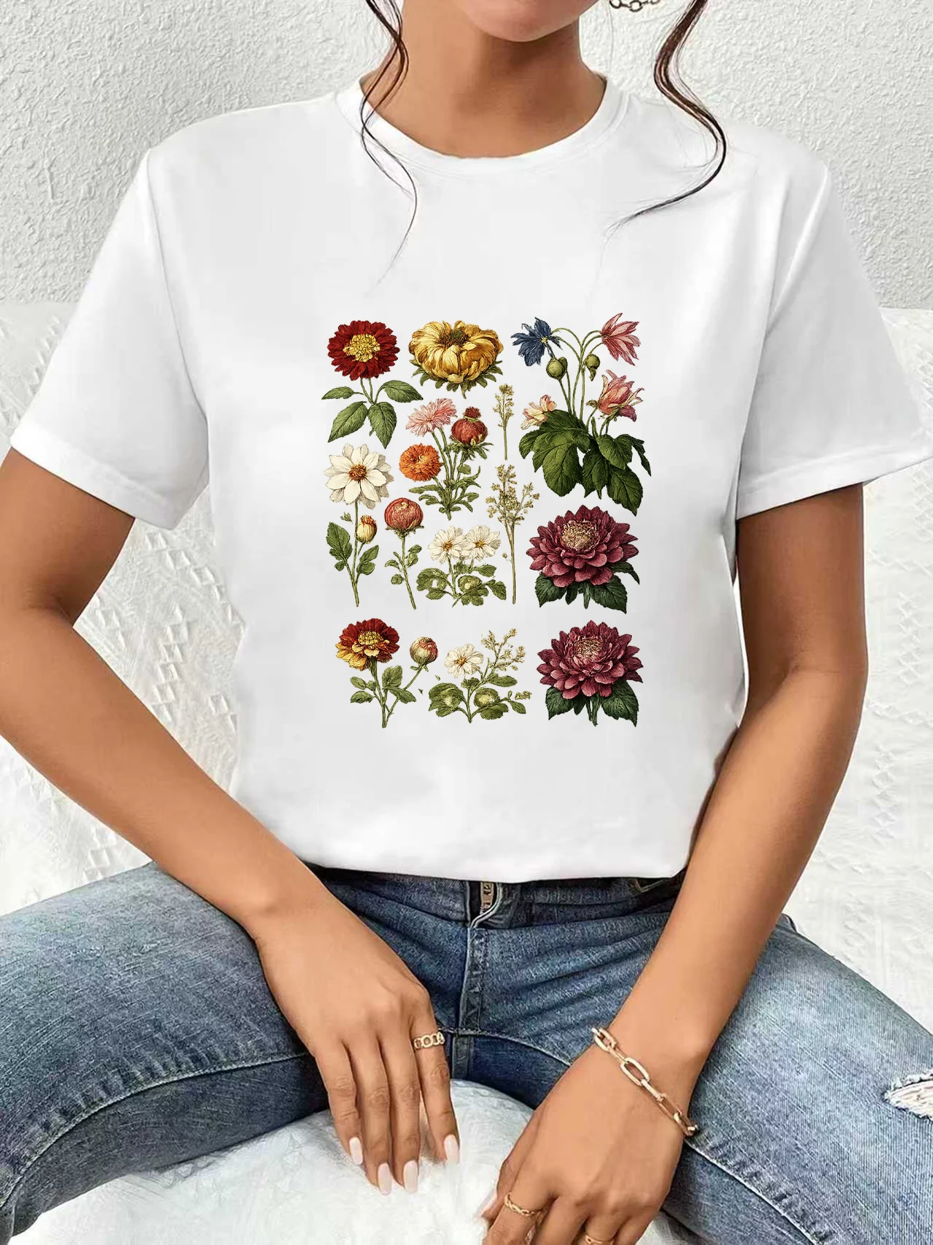 

【WDS03157】Creative plant pattern printed round neck plus size women's T-shirt summer casual short sleeved fashionable versatile