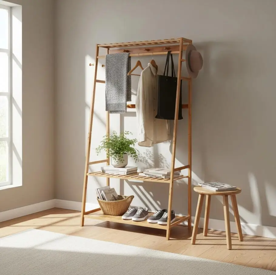

Bamboo Clothes Rail Stand Free Standing Garment Hanging Rack Storage Shelf with 10 Hooks