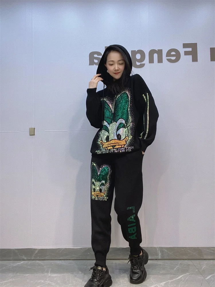 여성 플러스 사이즈 니트 모자 세트, 라인스톤 장식 캐주얼 봄 가을 투피스 세트, 긴 바지 후드 오버헤드 세트