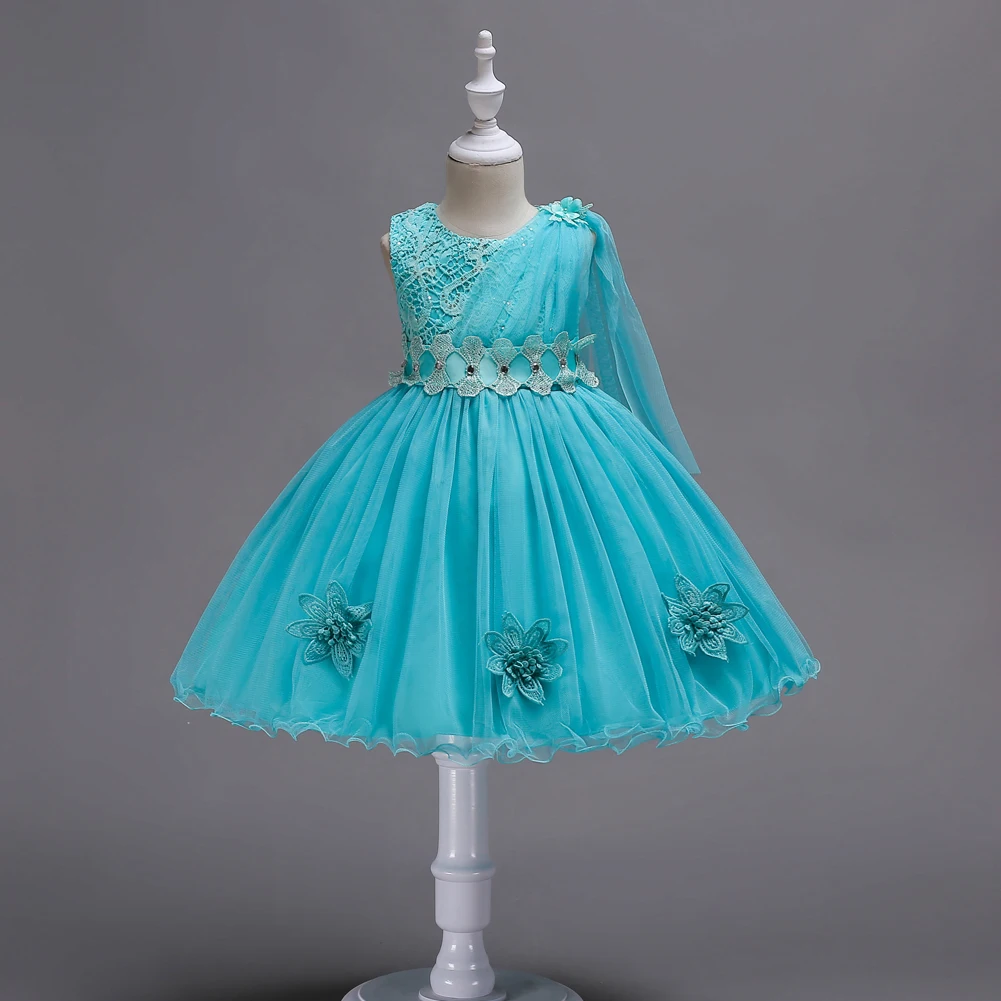 Q150 Blue children flower girl princess dress sleeveless mesh knee length dress 2 to 9Year birthday party stage performance Wear