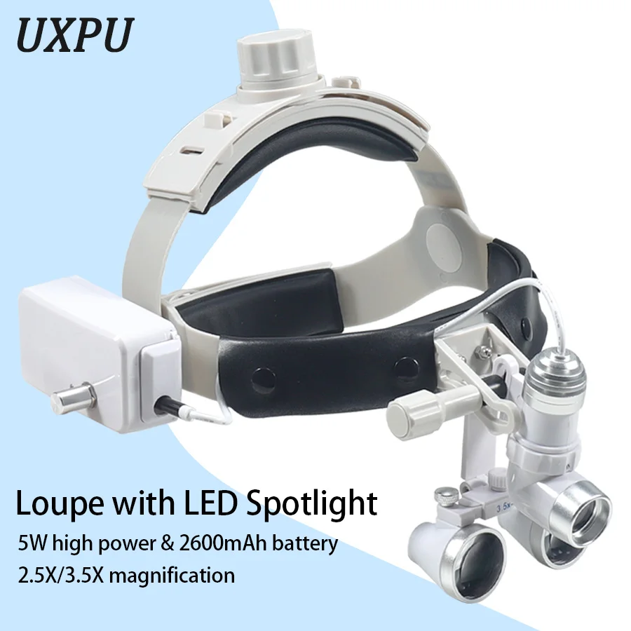 2.5X/3.5X Dental Head Mounted Loupe with 5W High Brightness Spotlight and LED Shadowless Light, Suitable for Various Occasions