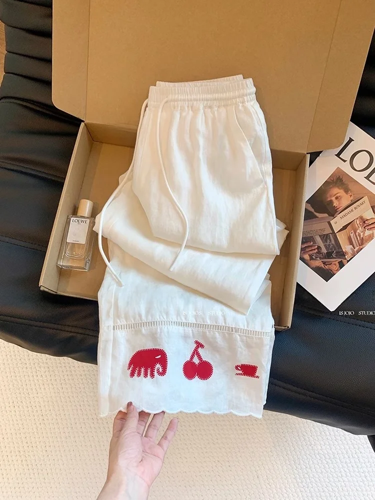 Pantaloni a Vita Alta e Gamba Larga da Donna, Casual in Cotone e Lino, Vestibilità Comoda, Elastico in Vita, Stampa Cartoon e Patchwork