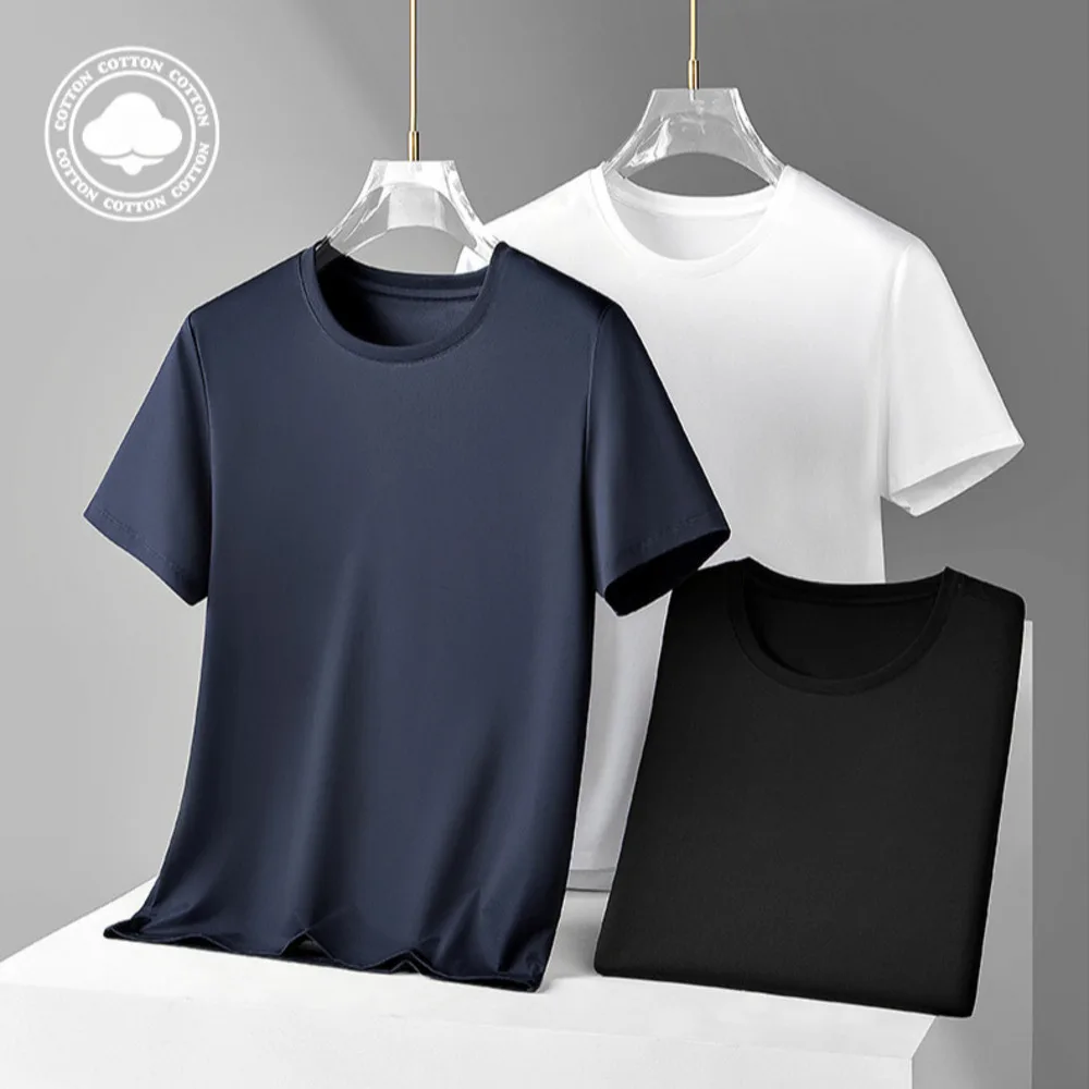 120S Quality Mercerized Cotton T Shirt for Men Short Sleeve White Tees Plus Size 4XL 5XL Round Neck Solid Color Summer Top Black