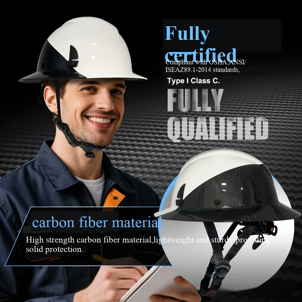 Carbon Fiber Safety Helmet - Lightweight Wide Brim Helmet for Outdoor Impact-Resistant Sun-Protective & Comfortable