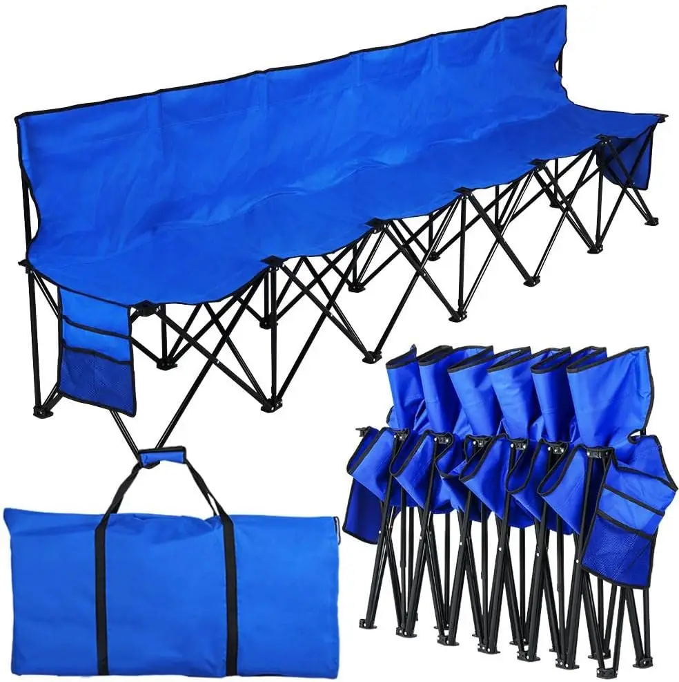 6 Seats Portable Folding Heavy Duty Bench Sport Sideline Bench with Carry Bag Blue