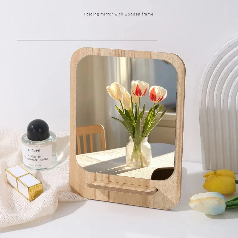 مرآة تزيين بإطار خشبي، مرآة مكياج قابلة للطي، مرآة مكتب محمولة هدية للنساء #1