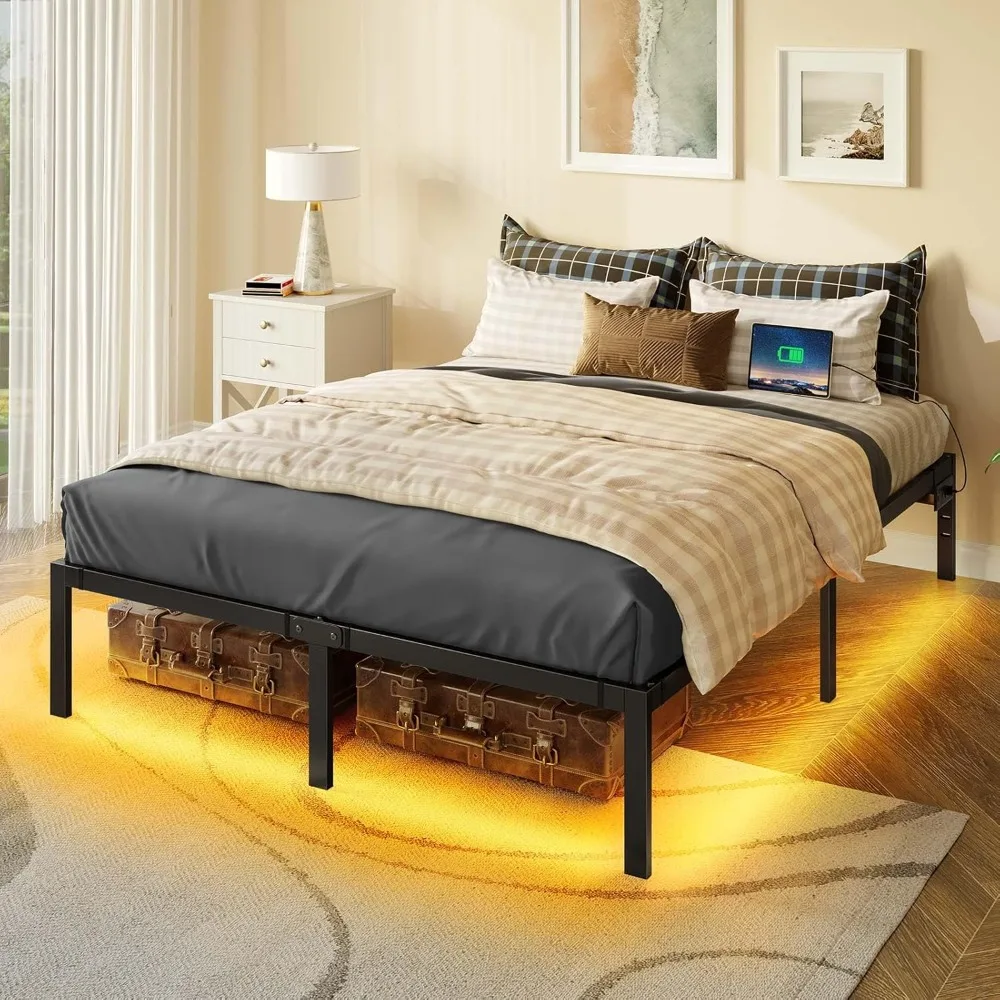 

Bed Frame with USB Charging Station, Full Beds Frames with LED Lights, Platform Bed Frame with Heavy Duty Steel Slats