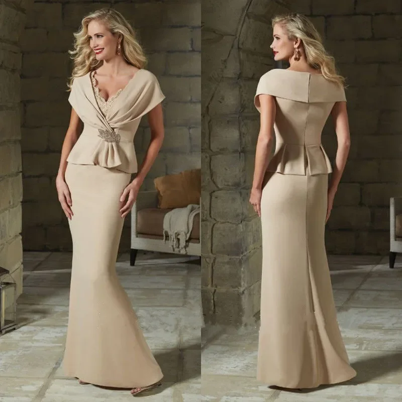 

Elegant Satin Mother Of The Bride Dresses V Neck Formal Evening Gowns Floor Length Wedding Guest Dress Prom Occasion Wear