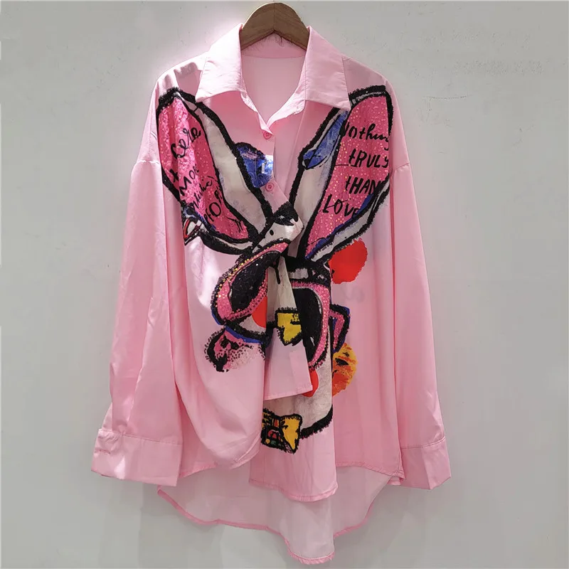 Trendy Brand Cartoon Long-sleeved Shirt 2025 Autumn New Loose Heavy Industry Hot Diamond Single-breasted Lapel Shirt Top