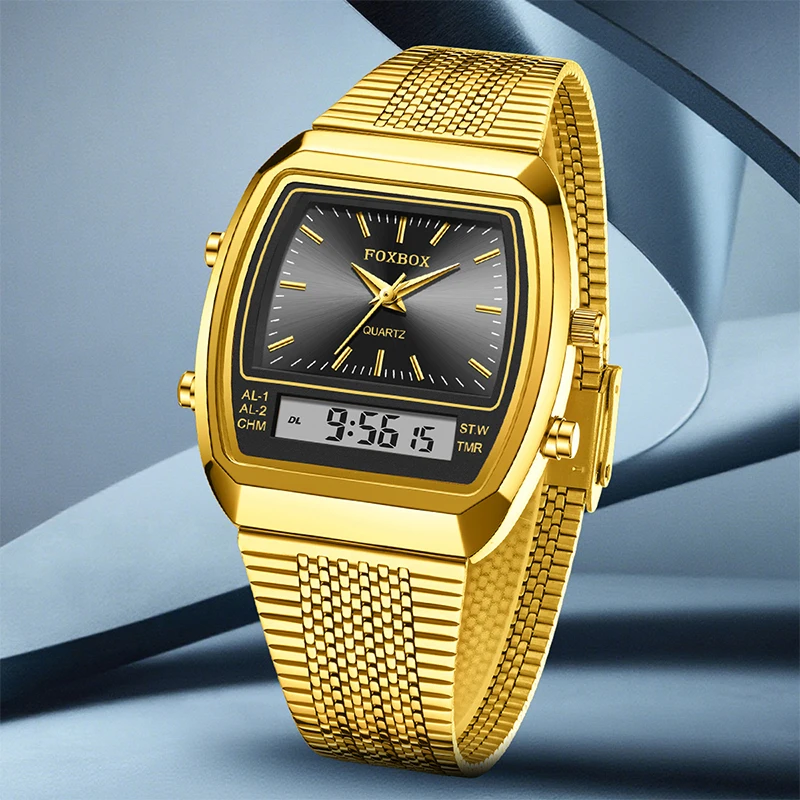 FoxBOX كوارتز ساعة رياضية موضة الذهبي الصلب حزام الرجال المزدوج الوقت أسبوع عرض ساعة اليد الرقمية مقاوم للماء ساعة Reloj Hombre #4