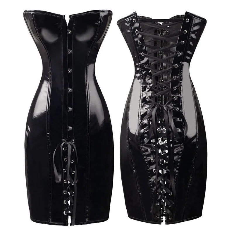 Gothic Womens Sexy Wetlook PVC Faux Leather Corset Dress Long Black Red Shape Body Slim Bustiers Overbust Corsets Latex Catsuits