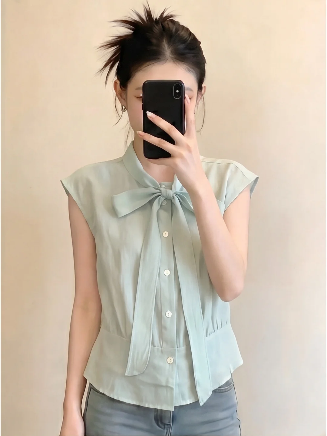 

Korean Style Knot Belted Women's Shirt Summer Slimming Sleeveless Versatile Top Quality Knot Shirt