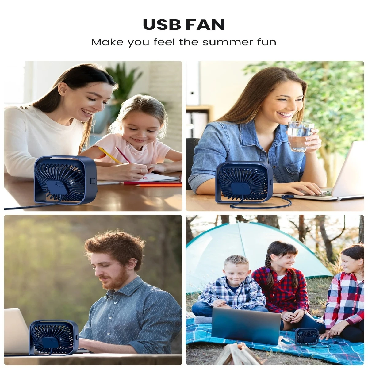 USB Desk Fan Strong Airflow & Quiet Operation 3 Speed Wind Mini Table Fan 360° Rotatable Head for Home Office Bedroom Table
