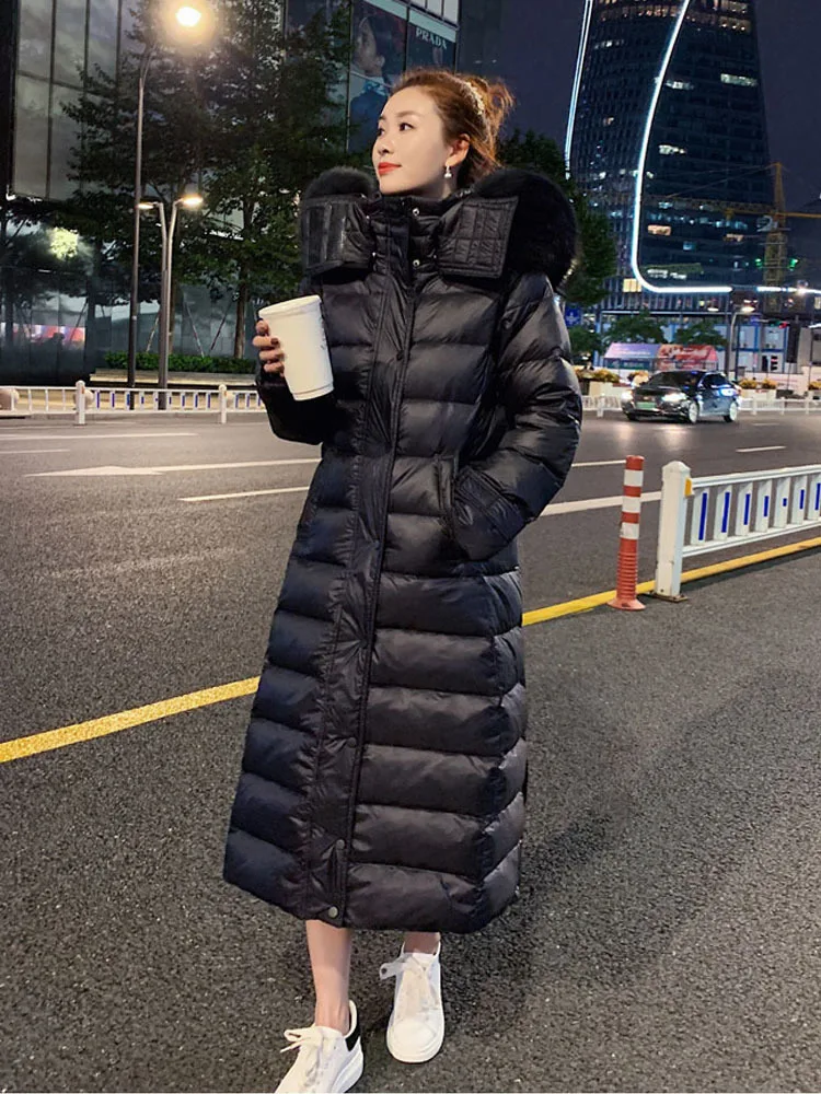 Winter Women thick white Down coats White Duck Down fur collar Hooded Jackets Long Sleeve Warm Parka Portable Outwear