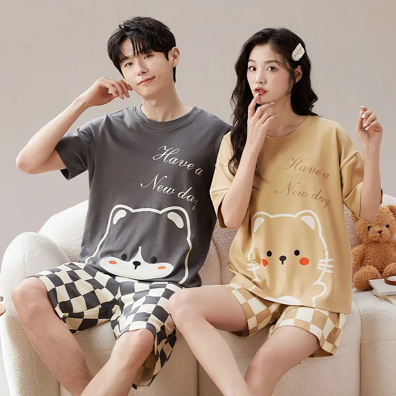 Summer Pajama Sets for Women Men Short Sleeve T-shirts+Shorts 2Pcs Suits Nightwear Cartoon Sleepwear Couple Casual Home Clothes