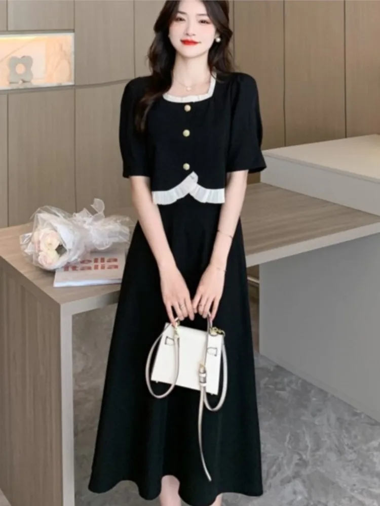 

Women Fashion Flounce Short Sleeve Top+ Elegant A-Line Midi Skirt Preppy Style Female Clothes Summer New 2 Pieces Set Office