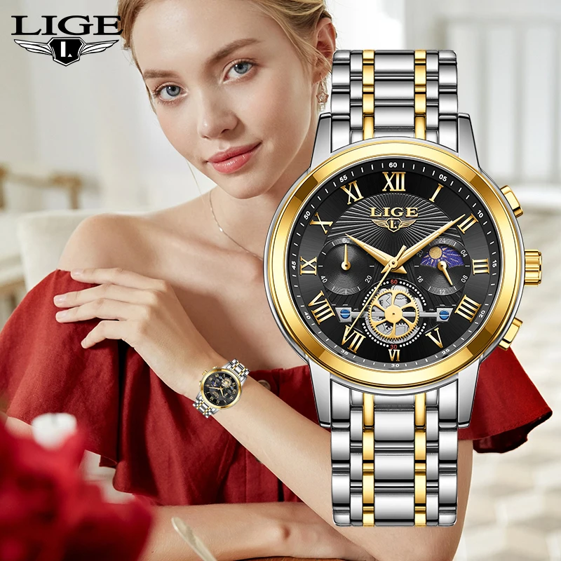 

LIGE Brand Business Fashion Ldies Watch Elegant Waterproof Luminous Quartz Watch for Women Luxury 24Hours Moon Phase Chronograph