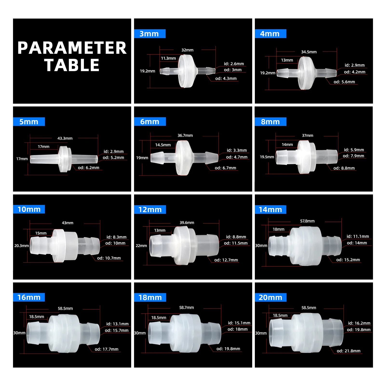 1~20P Universal One-Way Inline Check Valve 3~20mm Tool-Free Install Oil/Heat Resistant Built‑in Flow Arrow PP+304 Spring Valves