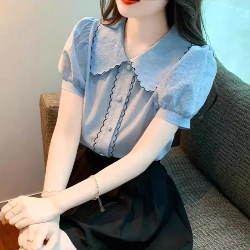 Sweet Lace Peter Pan Collar Blouse Shirts Women 2026 New Summer Single Breasted Short Sleeve Ladies Tops Vintage Plaid Blusas