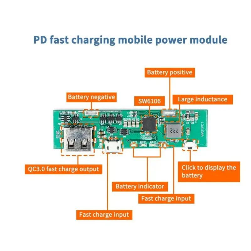 Sw6106 módulo de carga rápida pd, qc3.0, fp, carga rápida em dois sentidos, 5v, 9v, 12v