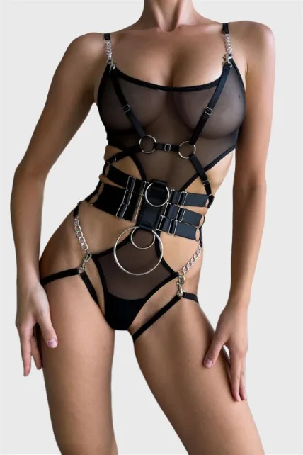 Ellolace Cougar Ropa de mujer: Body transparente seductor con cinturón y detalles de cadena, anillos huecos y adornos de cadena, lencería íntima