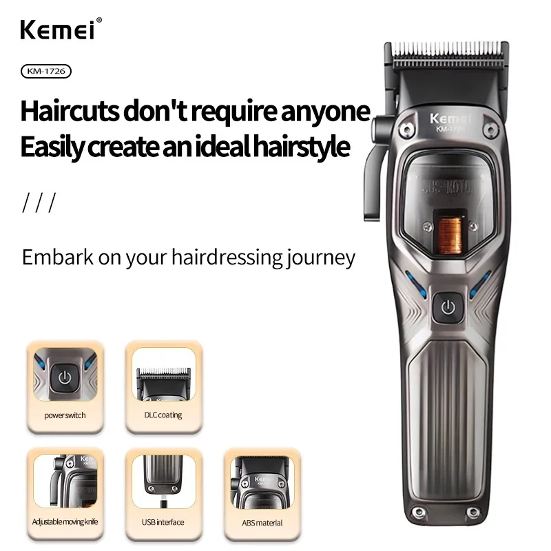 Kemei 1726 مقص الشعر المهنية اللاسلكي المتقلب DLC شفرة 10000 دورة في الدقيقة 12 واط المغناطيسي ناقلات موتور آلة قطع الشعر للرجال