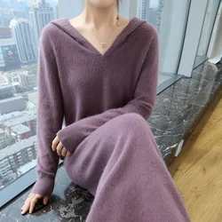 100% mink cashmere women's hooded sweater dress, solid color knitted, fashionable and simple long style women's pullover new dre