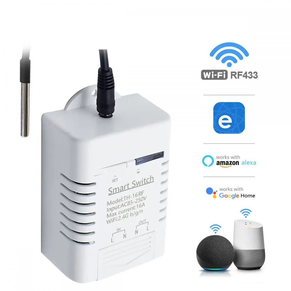 Interruptor WiFi Inteligente TH16, Monitoramento de Temperatura e Umidade, Controle Sem Fio, Compatível com Alexa Home, 16A