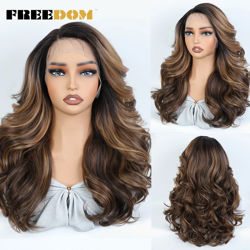 FREEDOM Syntetyczne koronkowe peruki dla czarnych kobiet Body Wave Lace Wig 22 inches Ombre Chocolate Brown Blonde Wigs Cosplay Wig