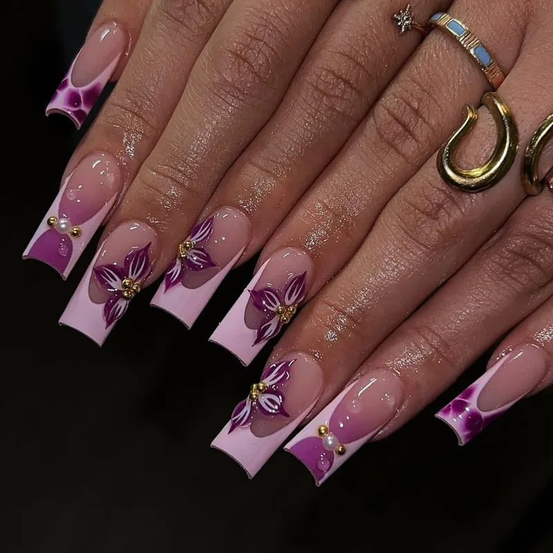 24Pcs Purple Y2K Press on Nails Star Diamond Designs Full Cover Fake Nails Long Coffin Acrylic False Nails for Women y2k Girls
