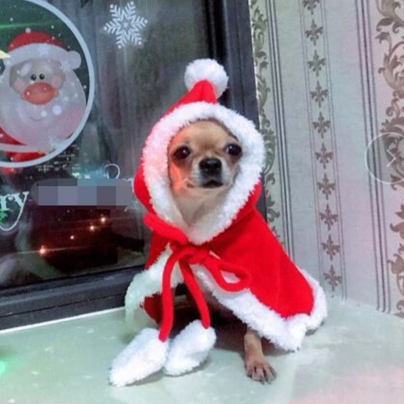 Christmas Halloween Dog Cape Cloak Pet Costume for Puppy Xmas Party Outfit with Hood Red Scarf Deluxe Cute Gift New Fashion Warm