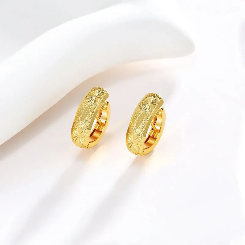 Engraving No Stone Hoop Earrings for Women Fashion Jewelry Pure Gold Color