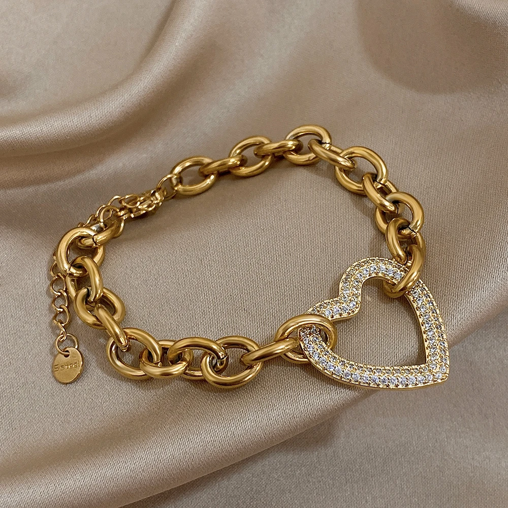 Punk Chunky Gold Color Thick Chain Stainless Steel Bracelets for Women Fashion Big Rhinestone Heart Love Pendant Wrist Jewelry