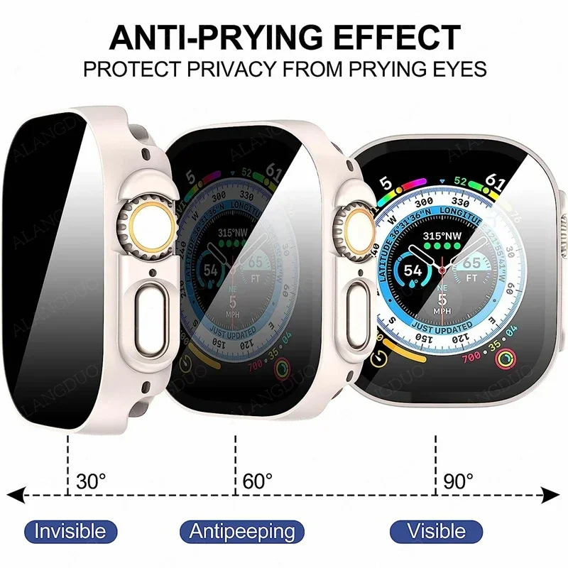 Privacy Glass+Case For Apple Watch 49mm 45mm 44mm 41mm Tempered Anti-Peeping Screen Protector For iWatch 8 7 6 5 4 SE 9 Cover