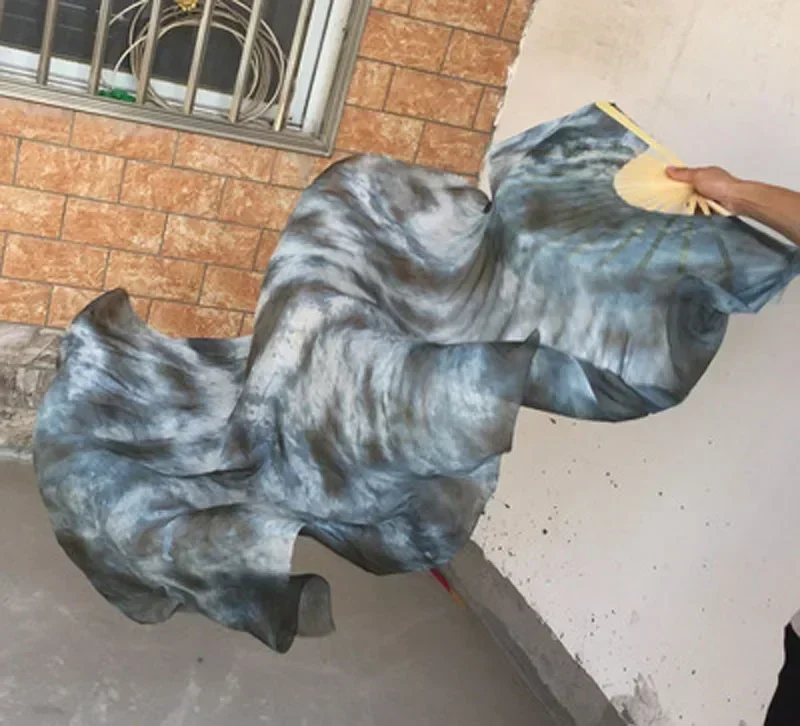 Nova chegada tie-tingido 100% seda real fãs de seda de dança do ventre 1 par artesanal tingido seda barriga longo ventilador de dança chinesa véus